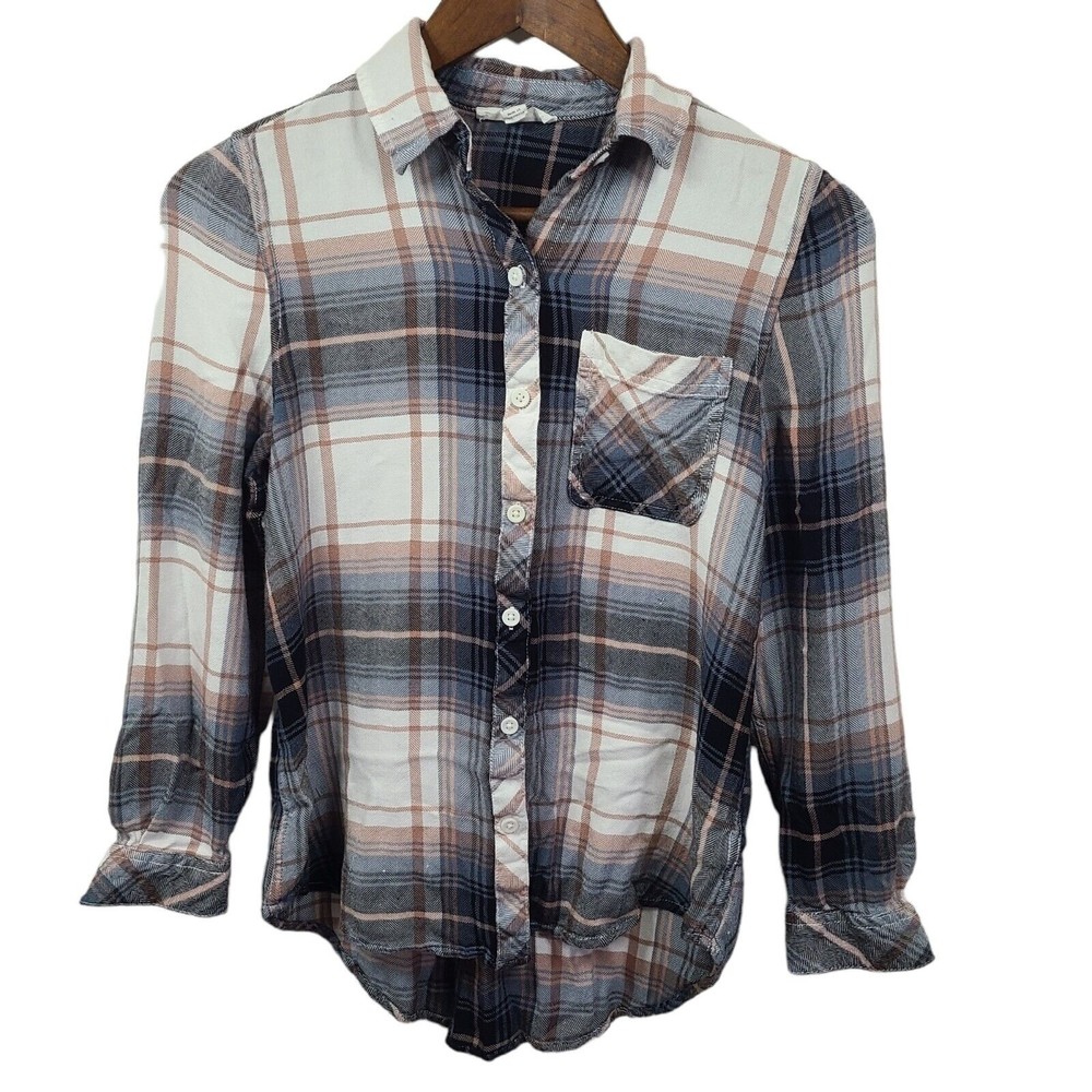 Beach Lunch Lounge Plaid Long Sleeve Button Front Shirt XS